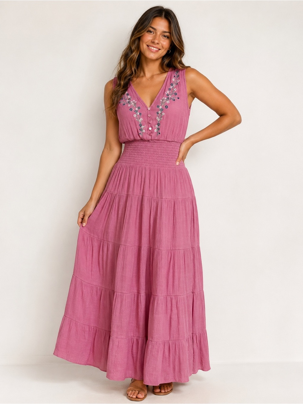 J. Gee Floral Embroidered Tiered Gauze Maxi Dress Pink Size MP